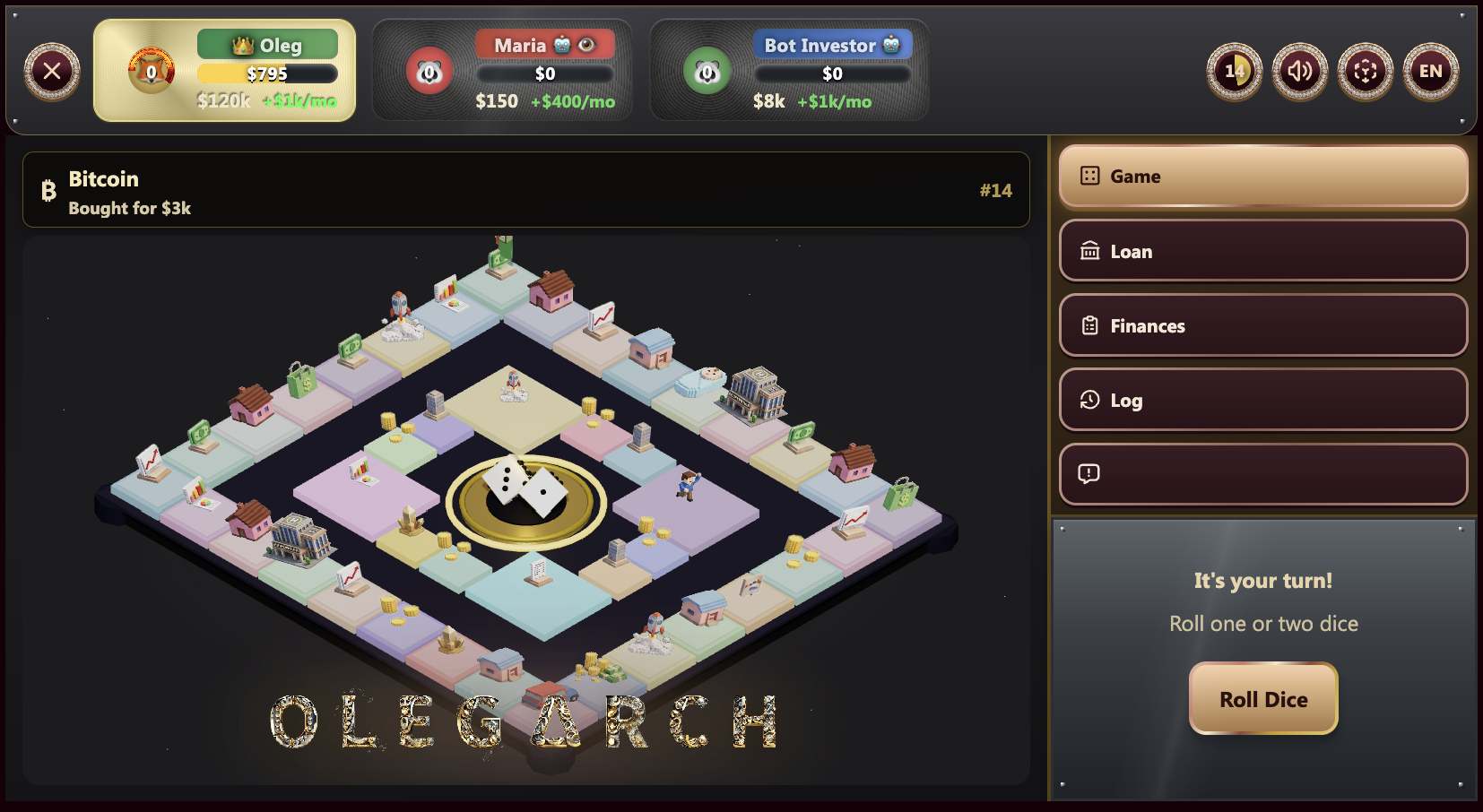 OLEG∆RCH match UI — board, HUD, and turn actions