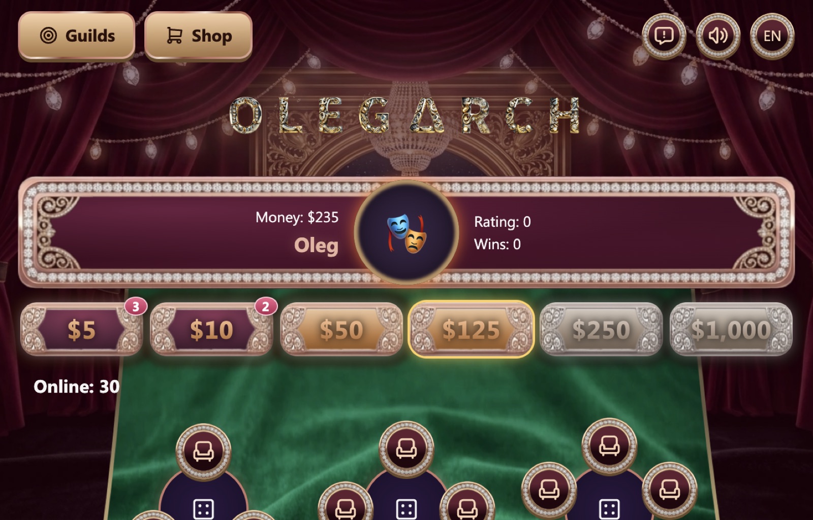 OLEG∆RCH lobby — tables, stakes, and start